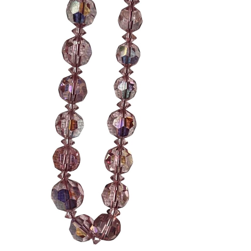 Pink Aurora Borealis Faceted Glass Bead Necklace 18" L Vintage - Picture 5 of 9